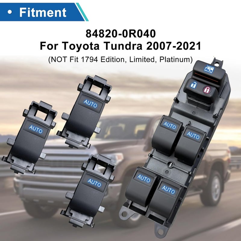 BELGEMAY Window Switch Assembly with 3 Single Switches & LED Backlight, Compatible with Toyota Tundra/Sequoia 2007-2021 Models (Driver Side + Passenger/Rear Doors) (Four-Door one-Button swifch, Ice Blue) - Image 2